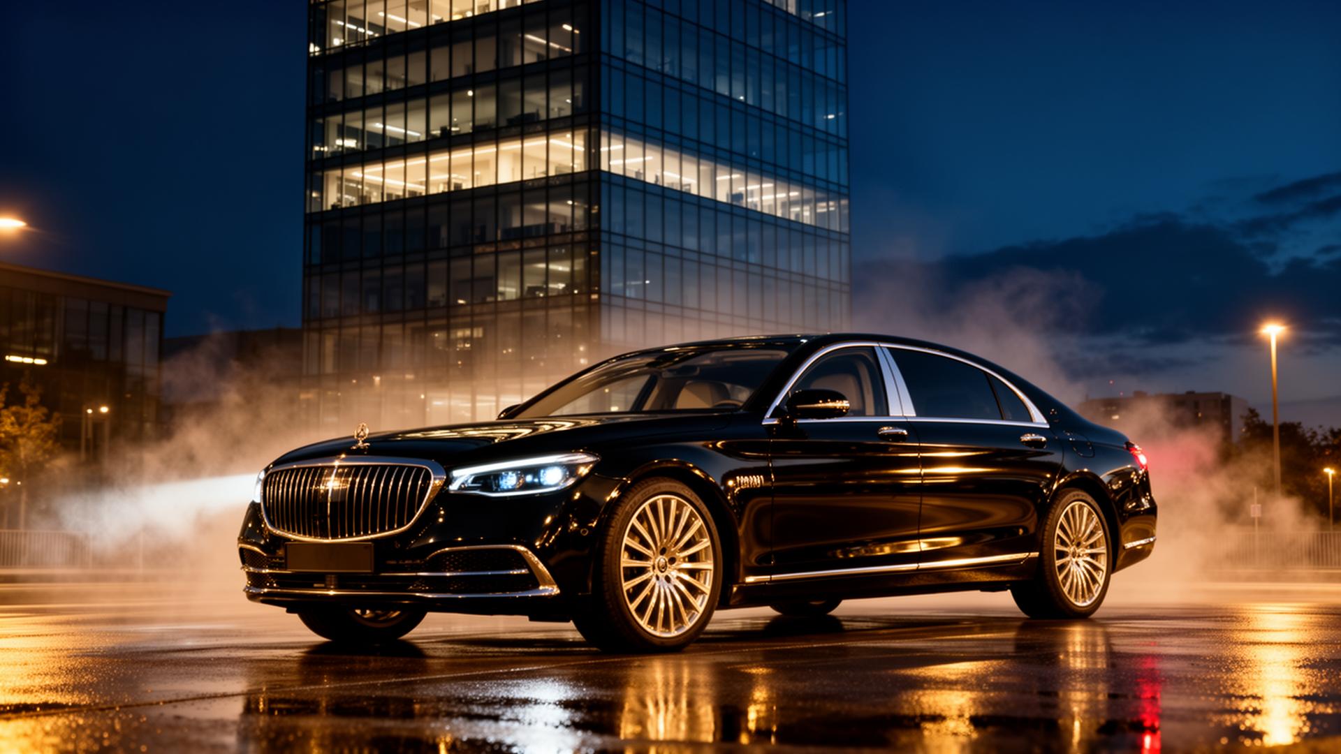 Premium executive sedan in front of a corporate building at dusk